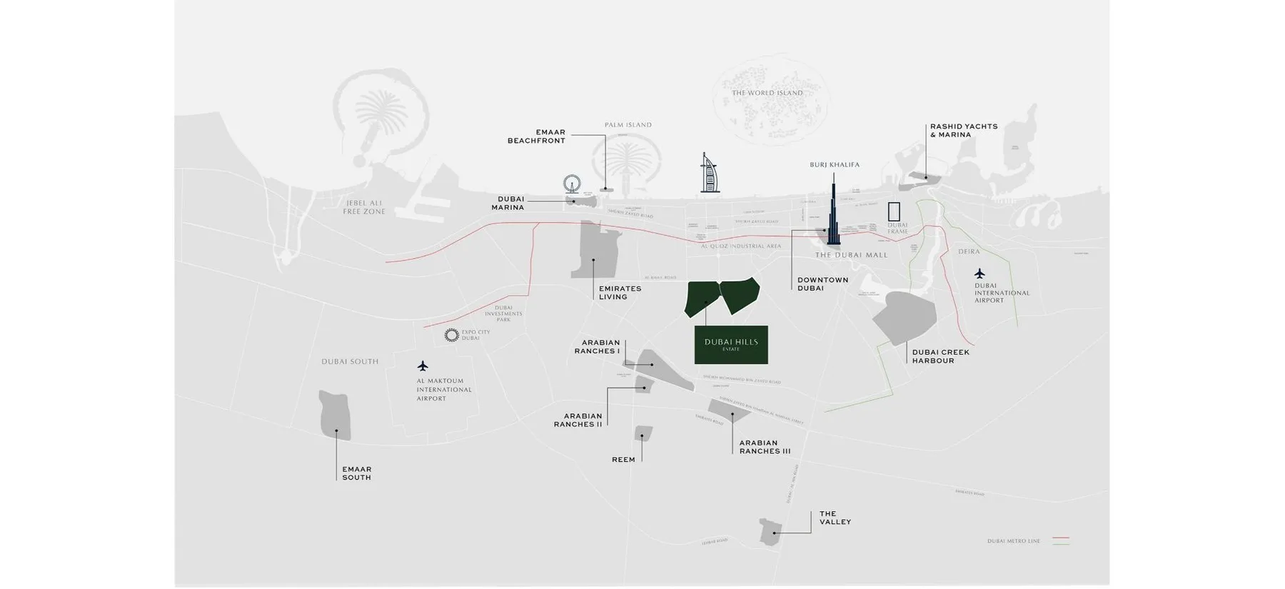 Dubai Hills Estate master plan showing the golf course, park, mall and residential districts